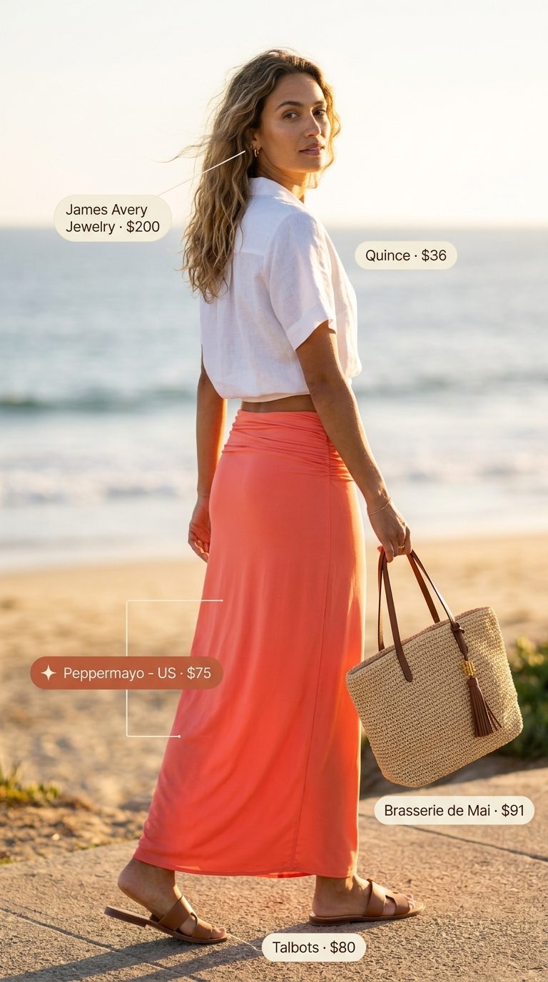 Vibrant maxi skirt with slit outfits summer 2026: Coral skirt with white linen blouse, tan slides, and straw tote.