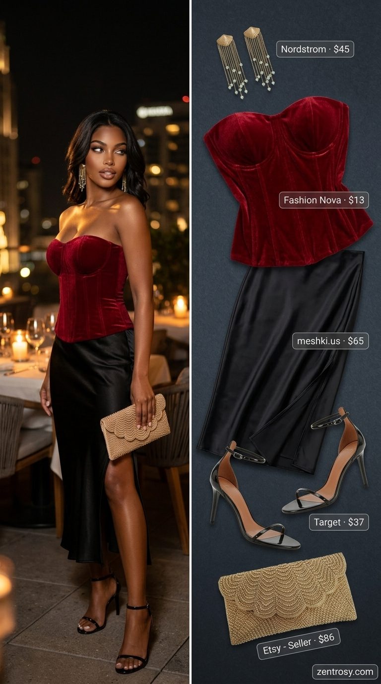 Date night outfit: black satin maxi skirt with slit, red velvet corset, gold earrings. Maxi skirt with slit outfits summer 2026.