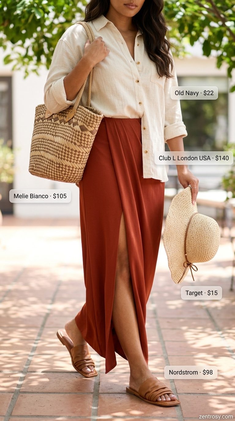 Maxi skirt with slit outfits summer 2026: Terracotta rayon skirt, cream linen shirt, straw hat & bag for a casual day out.