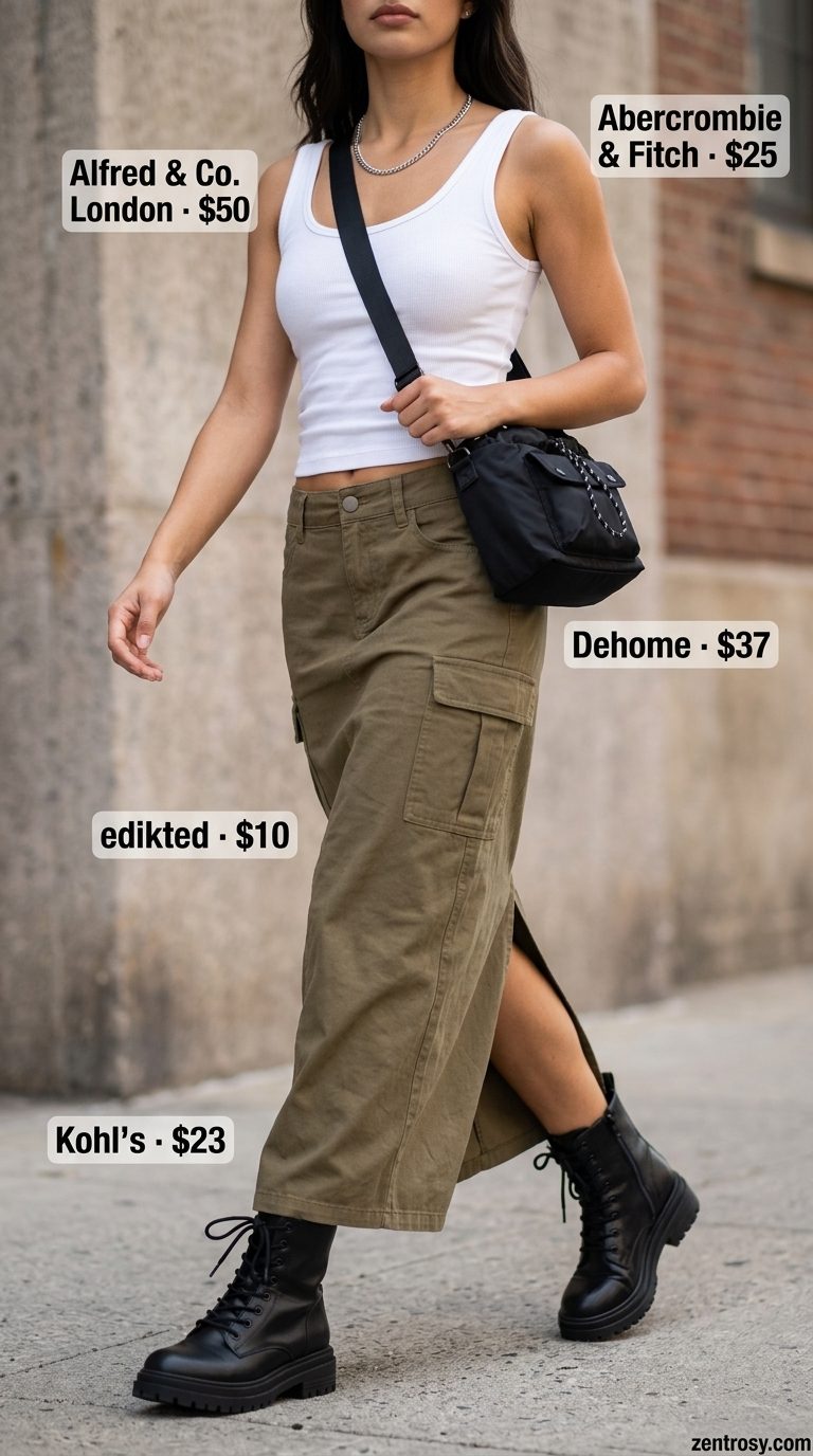 Maxi skirt with slit outfits summer 2026: Olive cargo skirt, white tank, combat boots for an urban adventure.