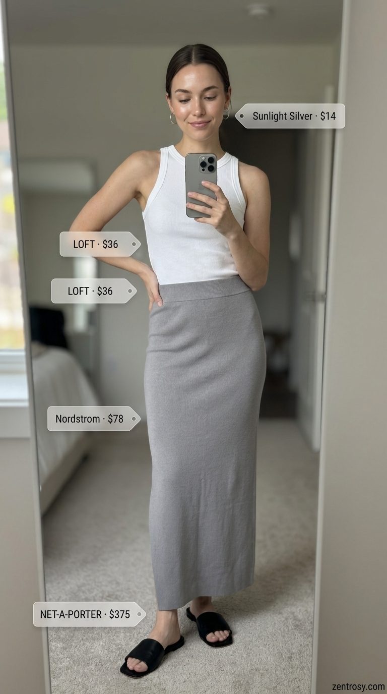 Minimalist maxi skirt with slit outfits summer 2026: Stone grey skirt with white tank, leather slides, and black tote.