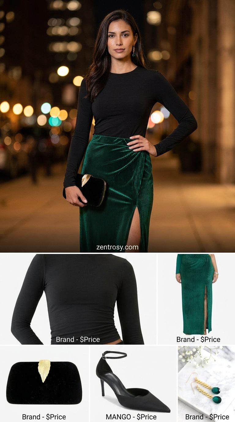 Maxi skirt with slit outfits summer 2026: Emerald green velvet skirt, black knit top, stiletto heels for a formal evening event.
