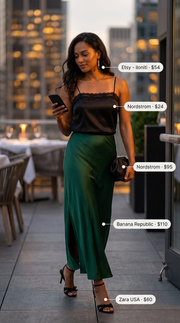 Maxi skirt with slit outfits summer 2026: Emerald silk satin skirt, lace camisole, strappy heels for an evening party.