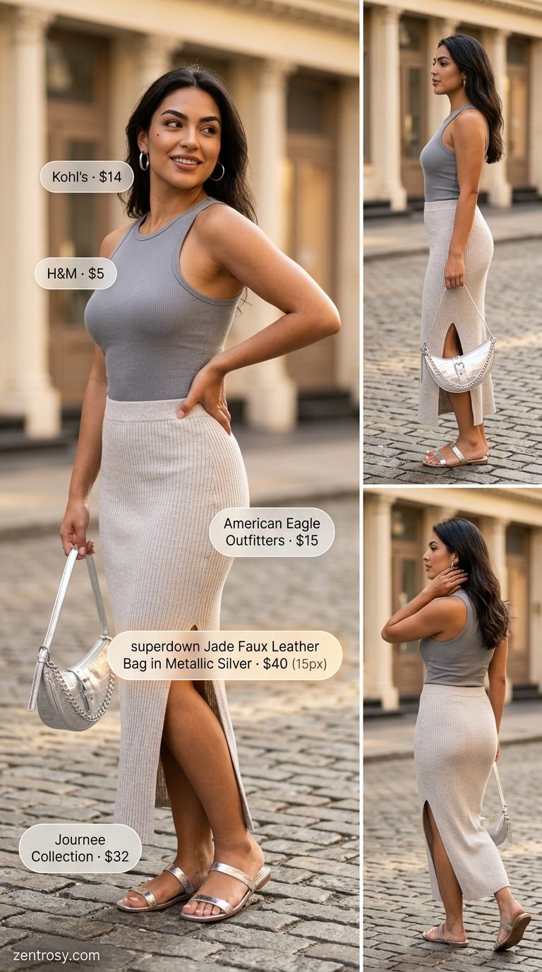 Monochromatic maxi skirt outfit: medium grey skirt, light grey tank, silver sandals. Maxi skirt with slit outfits summer 2026.