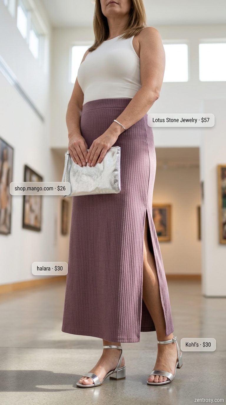 Elegant maxi skirt with slit outfits summer 2026: Mauve skirt with lilac knit top, silver sandals, and silver clutch.