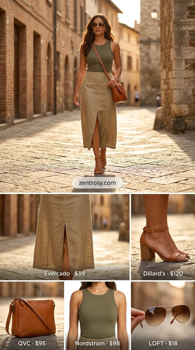 Maxi skirt with slit outfits summer 2026: Khaki linen skirt, olive tank, leather sandals for safari chic.