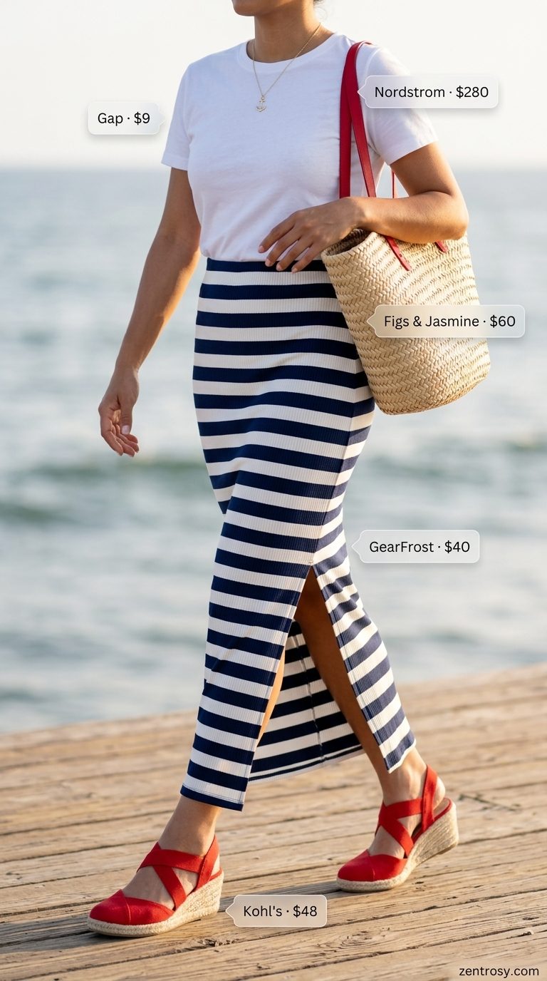 Nautical maxi skirt with slit outfits summer 2026: Navy & white striped skirt with red tee, espadrilles, and straw tote.