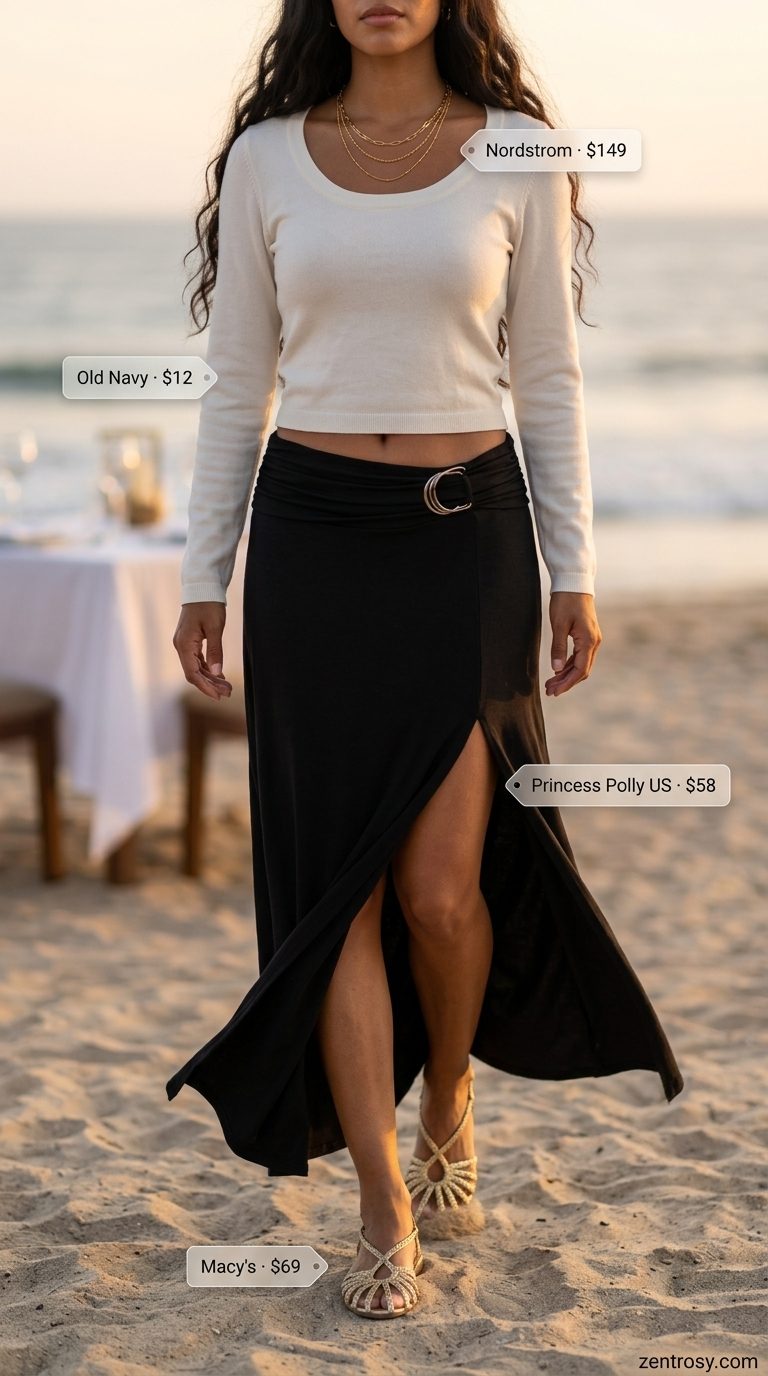 Maxi skirt with slit outfits summer 2026: Black maxi skirt, white crop top, gold sandals for a beach dinner.