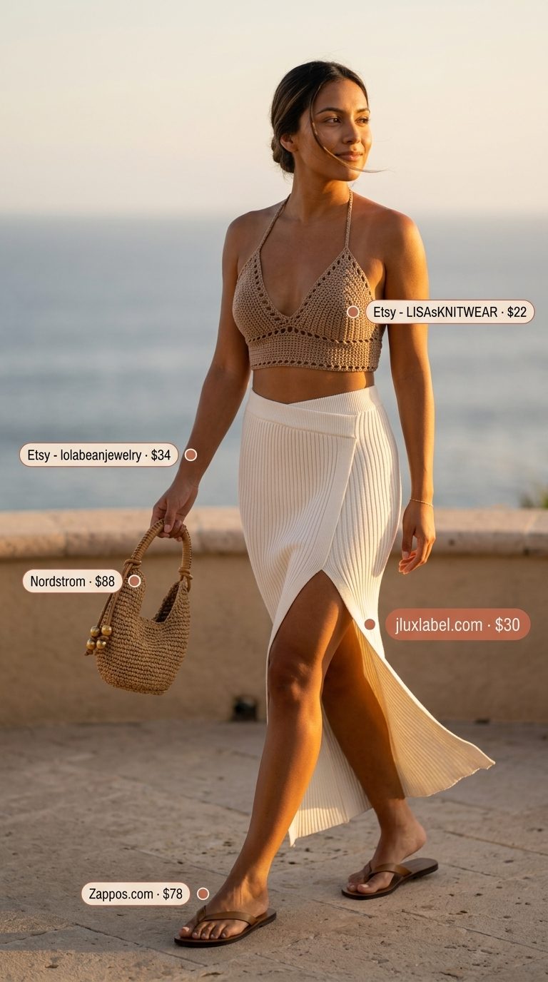 Boho maxi skirt with slit outfits summer 2026: Ivory skirt with crochet top, leather sandals, and straw crossbody.
