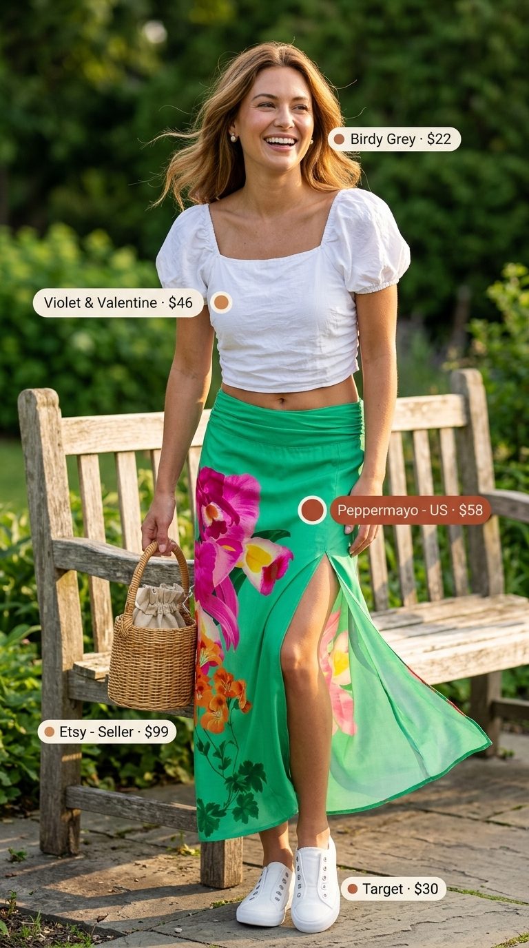 Maxi skirt with slit outfits summer 2026: Floral skirt, puff-sleeve top, wicker bag for a summer picnic.