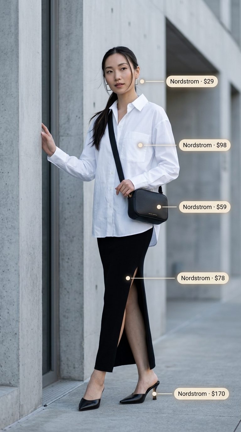 Edgy maxi skirt with slit outfits summer 2026: Black skirt with oversized white shirt, mules, and silver hoops.