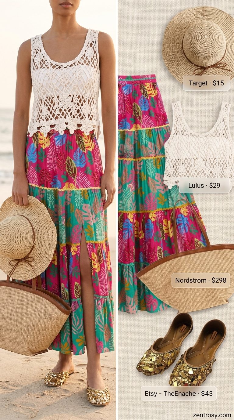 Vacation outfit: tropical print maxi skirt with slit, crochet top, straw hat. Maxi skirt with slit outfits summer 2026.