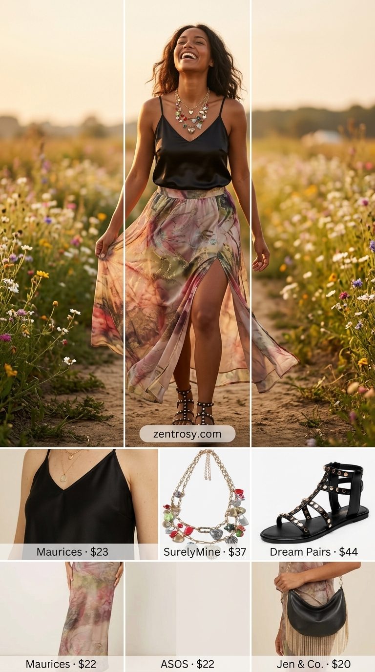 Fun maxi skirt with slit outfits summer 2026: Abstract print skirt with cami, gladiator sandals, and layered gold.