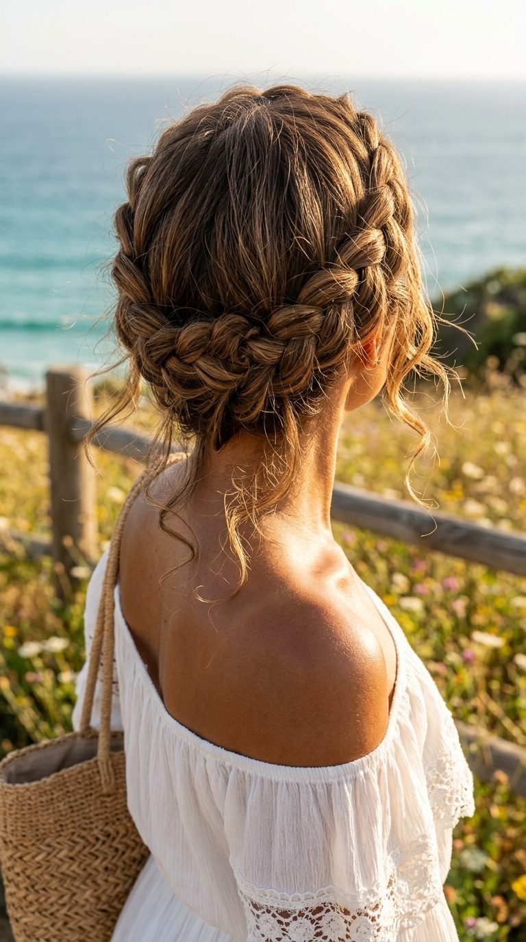 medium brown shag hairstyle with subtle highlights, crown braid, face-framing wisps — playful boho