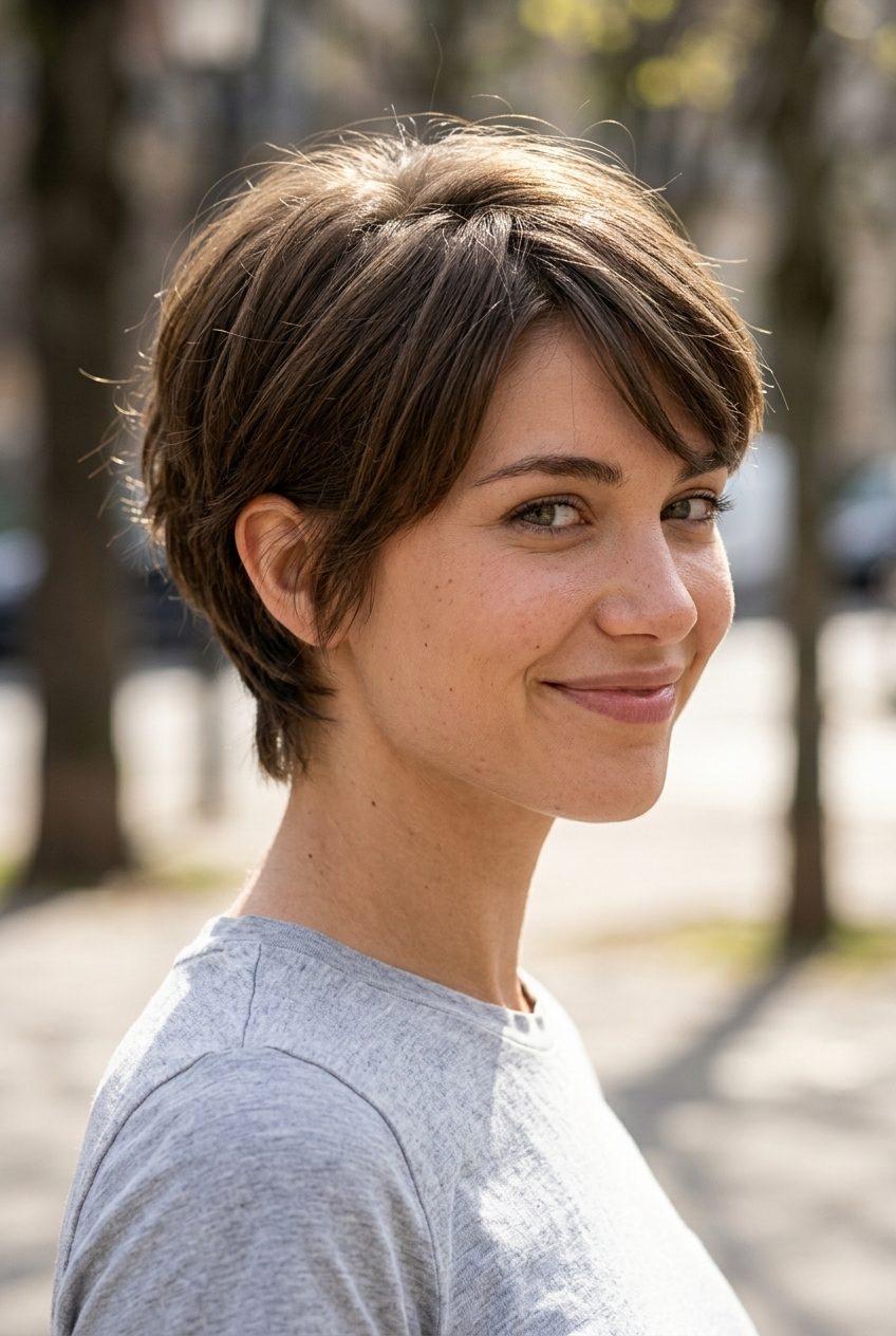 very short wavy shag haircut in medium brown with textured layers and brow-skimming fringe for low-maintenance