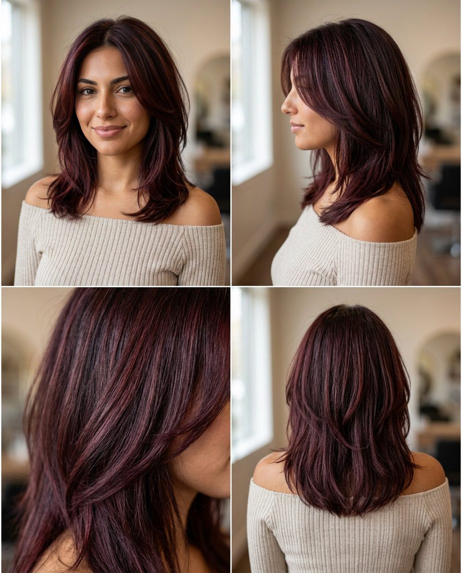 long merlot auburn hair with face-framing highlights, hand-painted balayage, no fringe — playful date night