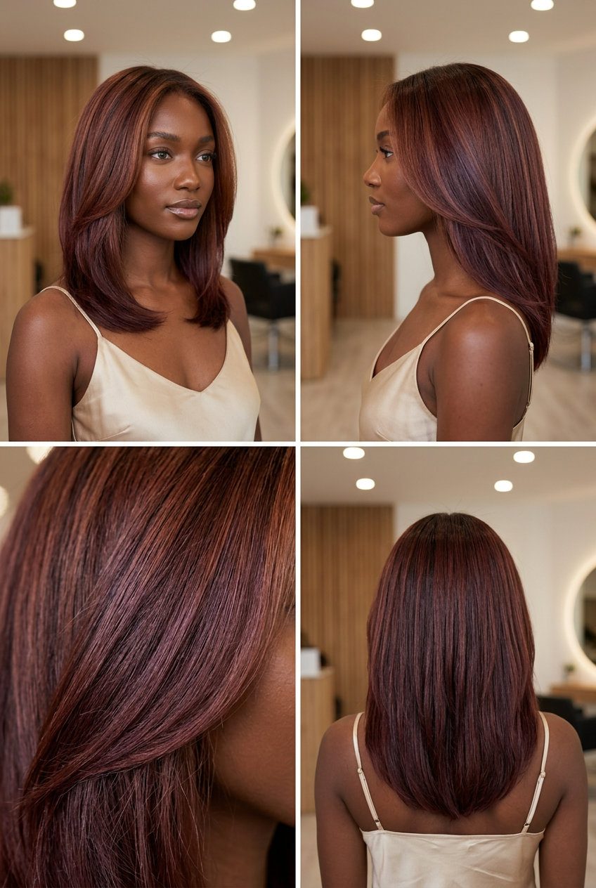 long layered auburn hair with merlot lowlights, no fringe, deep wine-red — romantic date night