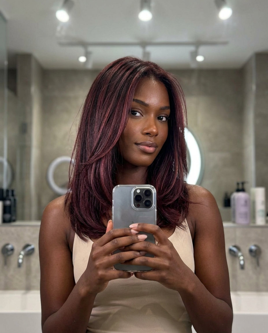 long layered merlot red hair with dimensional highlights, balayage technique, no fringe — romantic summer date night