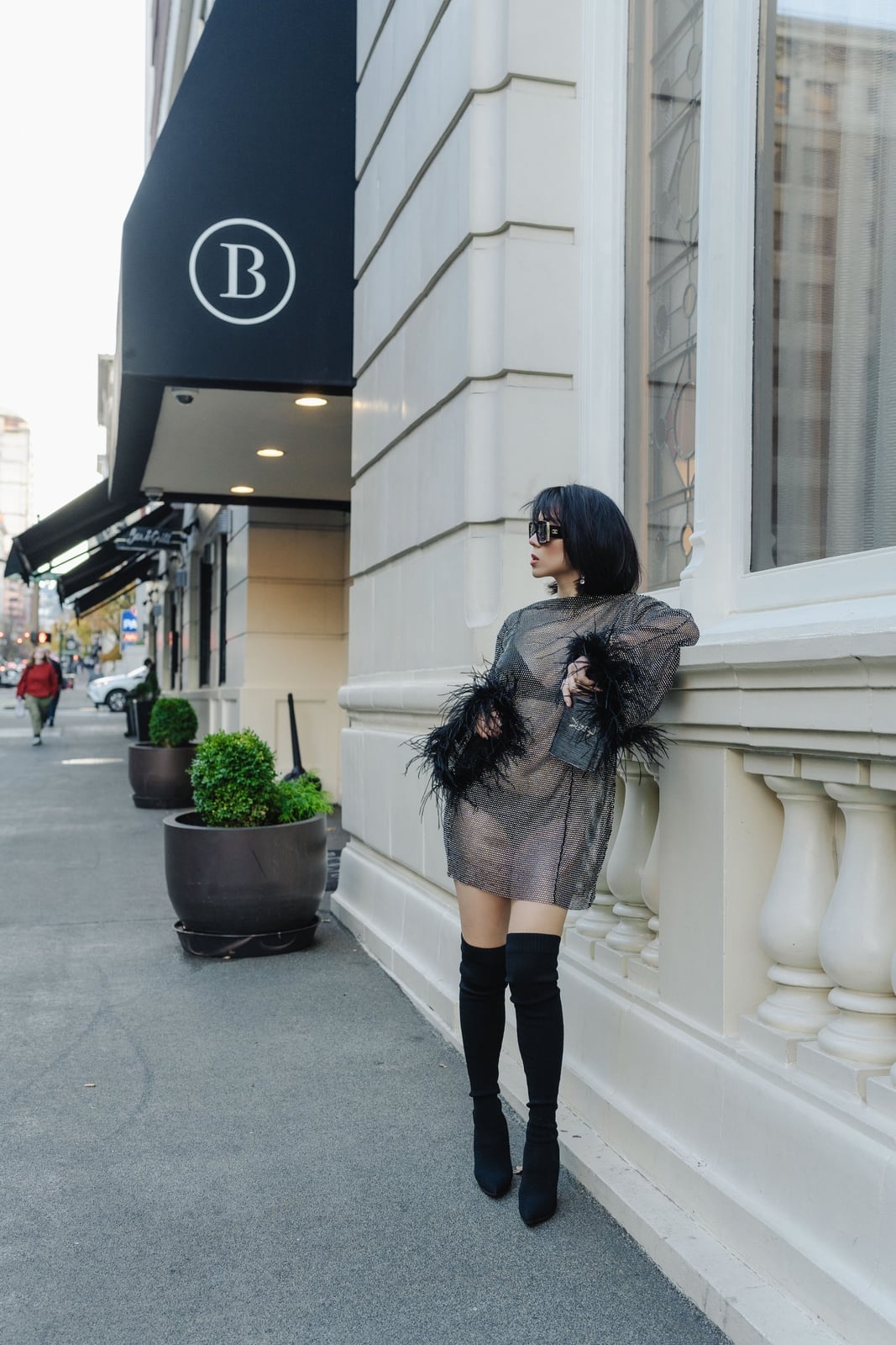 Feather Trim Sheer Mesh Mini Dress With Black Over-The-Knee Boots Feather Trim Sheer Mesh Mini Dress With Black Over-The-Knee Boots — Mesh Dress Ideas