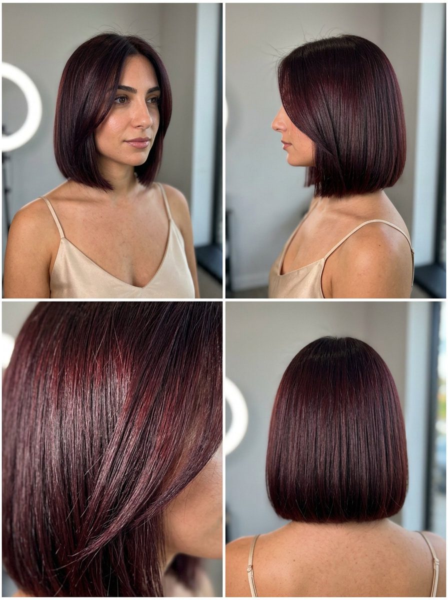 Midnight Cherry Gloss Bomb 2026 short midnight cherry gloss bomb with deep brunette base, red-violet pigments, for summer hair color ideas 2026