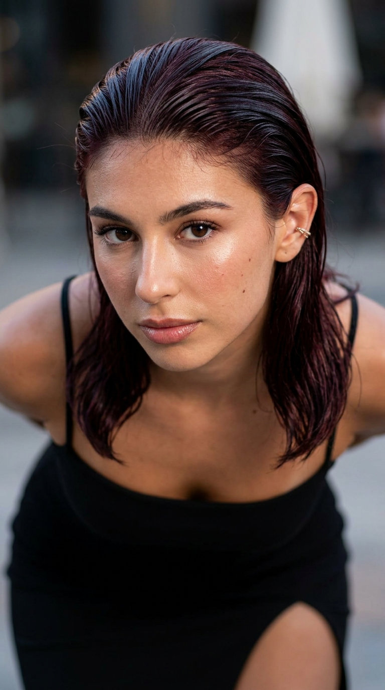 long midnight cherry red-violet brunette wet look with high gloss for summer 2026