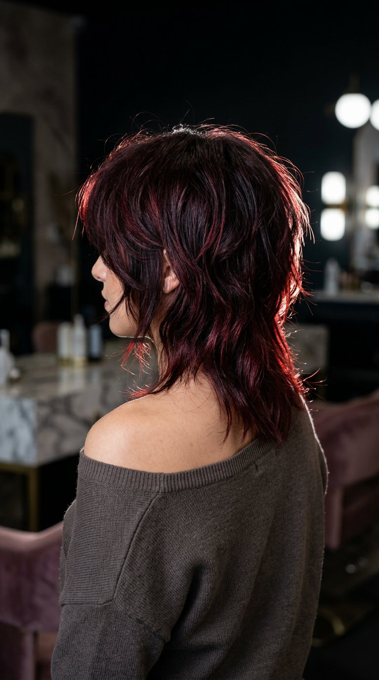 medium-length shag haircut in midnight cherry brunette with black cherry lowlights and ruby gloss — edgy rockstar vibe
