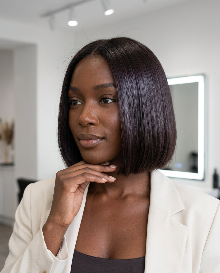 chin-length Italian bob with midnight cocoa color, violet undertones, blunt ends — bold