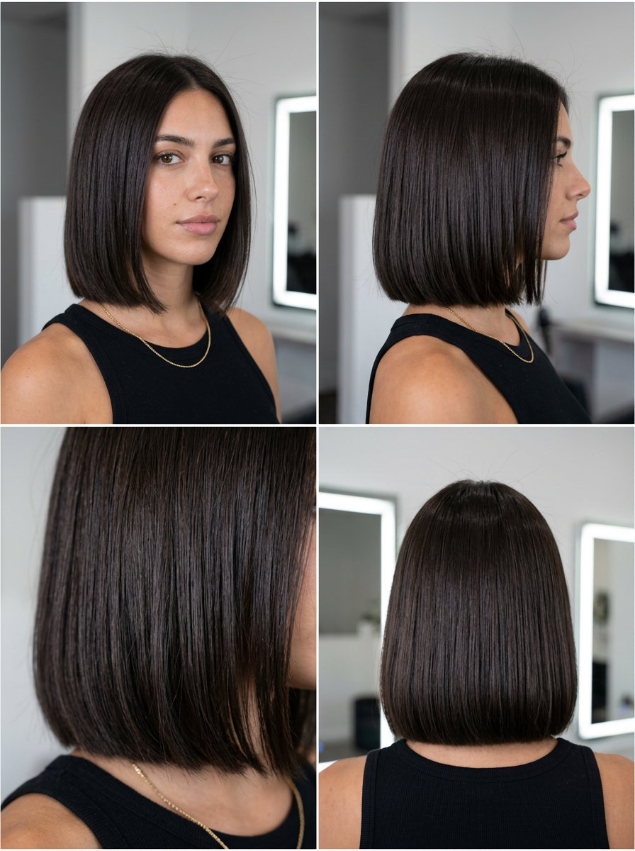 Midnight Espresso Blunt Bob 2026 for Round Faces chin-length blunt bob haircut in midnight espresso brunette, sharp perimeter — professional sophisticated bold