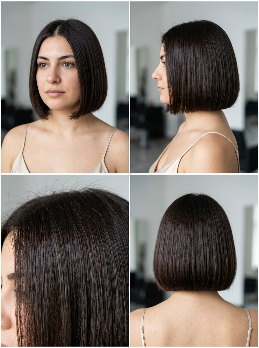 Midnight Espresso Sculpted Bob 2026 chin-length bob haircut with midnight espresso, blunt perimeter, center part — bold sophisticated