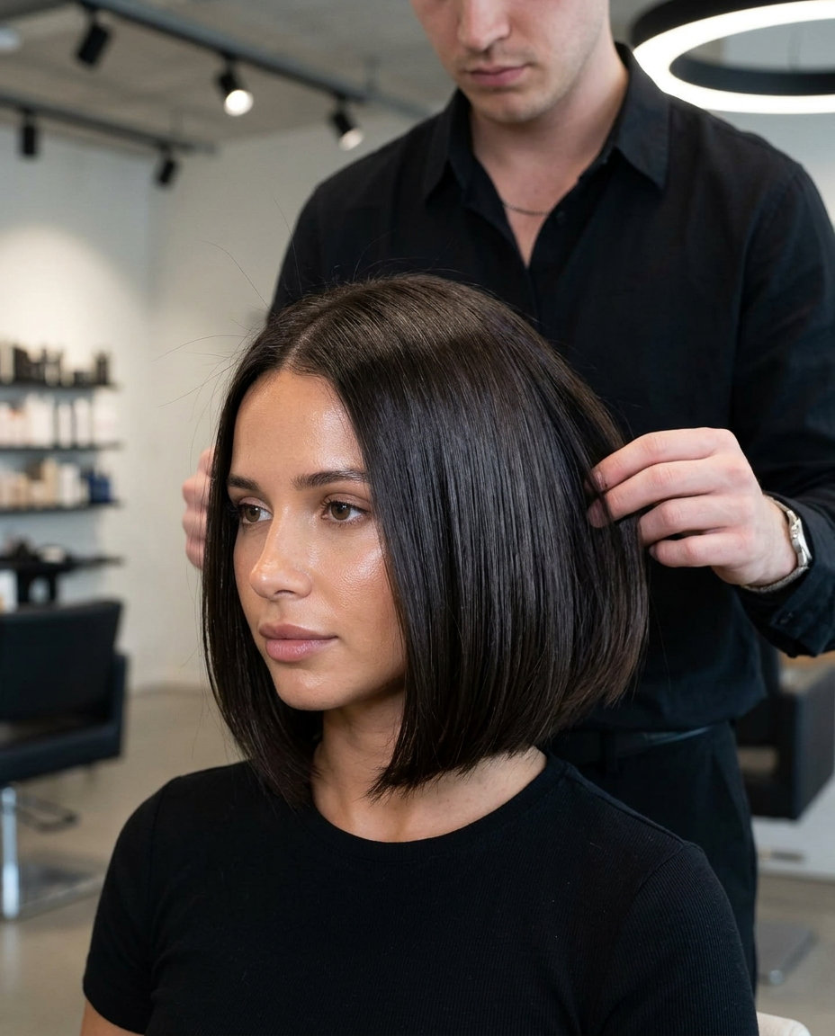 Sleek Graduated Bob 2026 chin-length graduated bob haircut with midnight espresso, blunt perimeter — sleek sophisticated