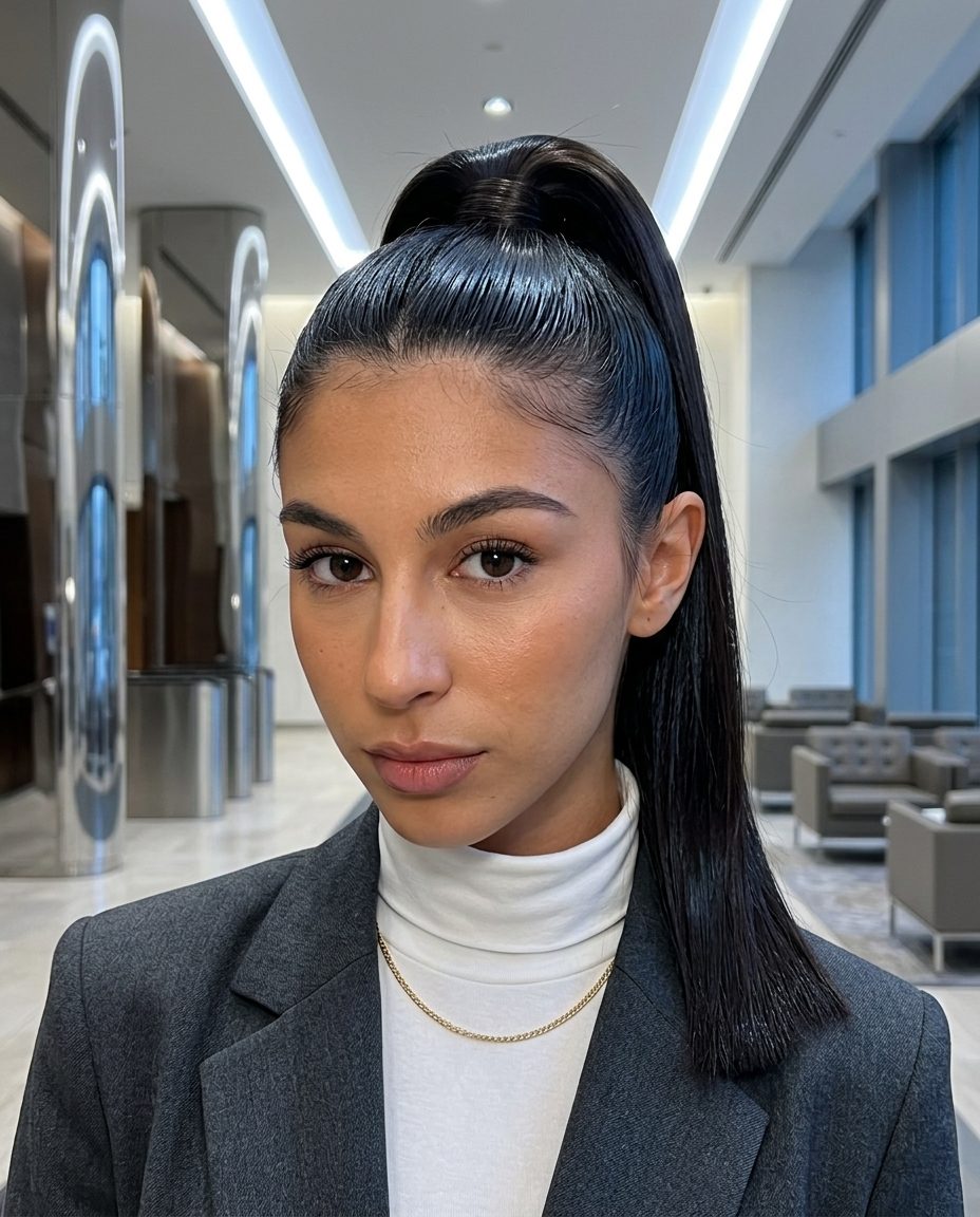 long blunt cut ponytail 2026 with deep midnight espresso, blue-black gloss, no fringe — edgy professional