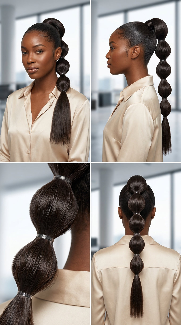 long midnight espresso ponytail with cool undertones, blunt cut, for casual chic