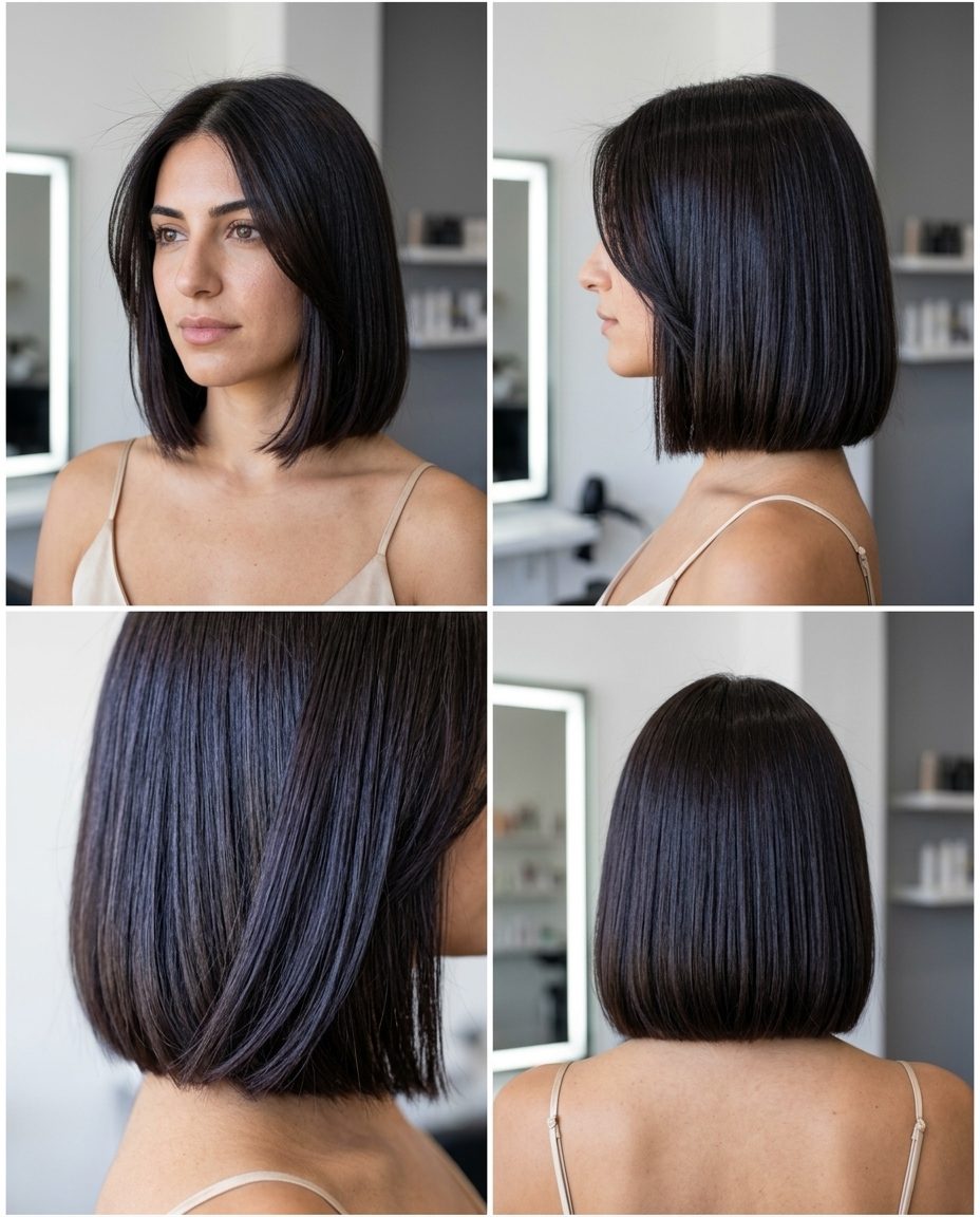 Midnight Espresso Bob 2026: Bold Summer Sleekness medium bob haircut with midnight espresso, blue-black undertones, and deep side part for summer