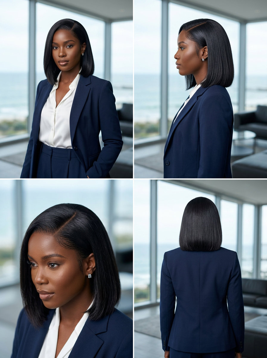 short sleek bob with midnight espresso color, deep side part, for professional events