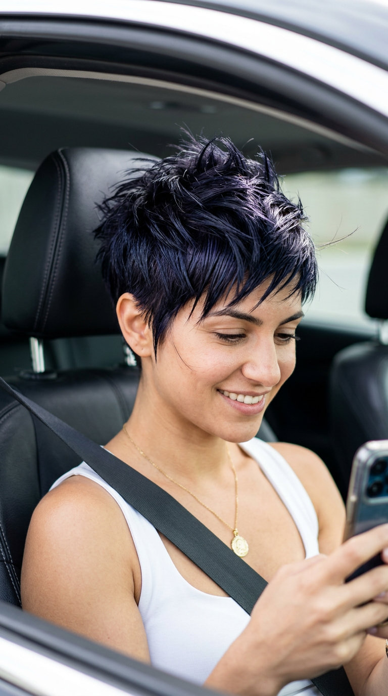 short pixie haircut espresso brunette with violet-blue undertones, razored texture, spiky layers — bold punk
