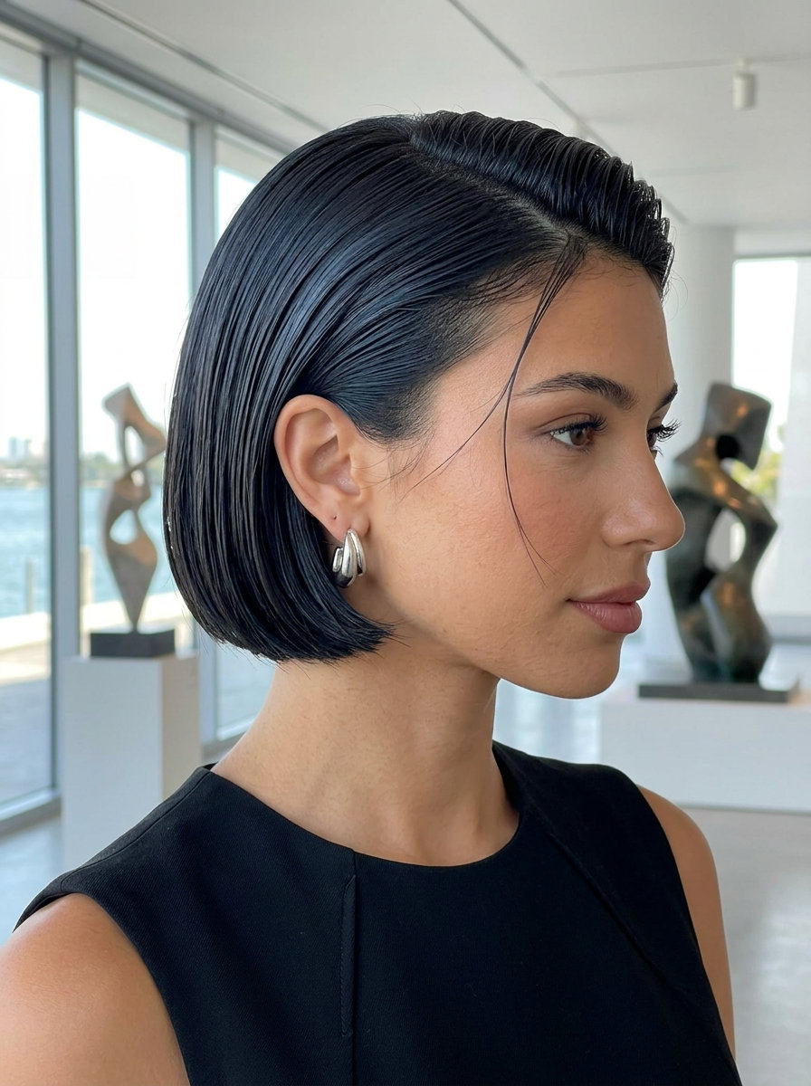 short slicked-back hair with midnight espresso and blue-black, wet look — bold summer hairstyle 2026