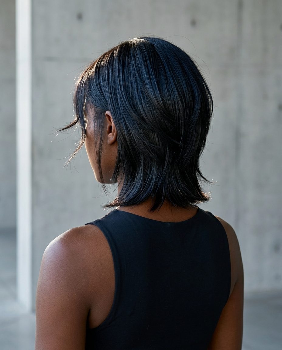 short wolf cut in midnight espresso, blue-black undertones, blunt perimeter with razored interior — sophisticated professional