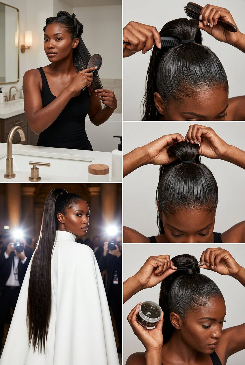 very long blunt cut ponytail 2026 with midnight espresso, high-gloss finish, no fringe — bold formal event