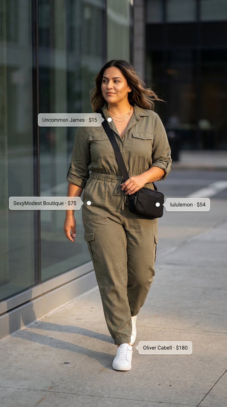 Chic midsize summer outfit featuring a khaki green utility jumpsuit with a drawstring waist, perfect for city exploration and casual day outs.