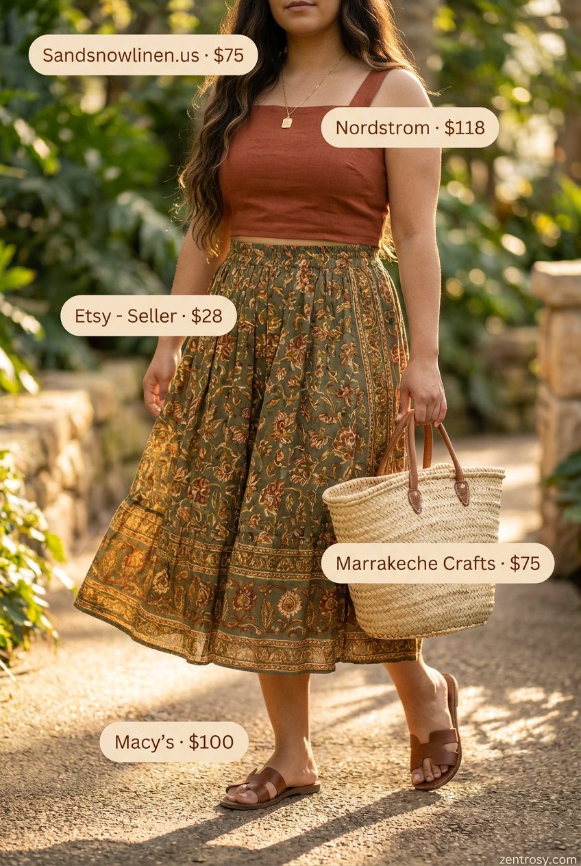 Bohemian olive green abstract print maxi skirt with a rust cropped linen tank top and tan leather slides, perfect for midsize summer outfits for women. Great for a casual outdoor gathering or picnic.