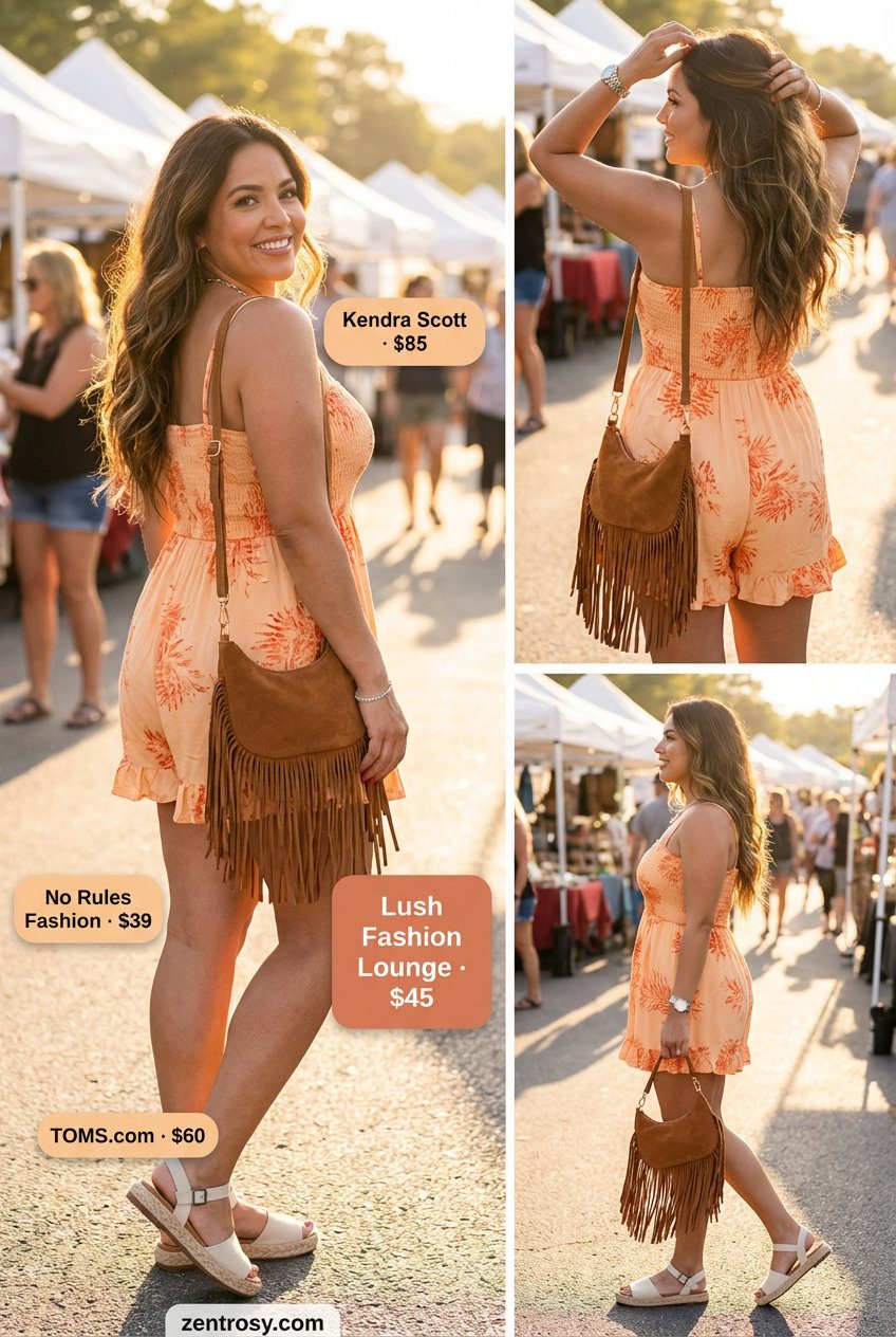 Free-spirited cream and earthy orange smocked off-the-shoulder romper with espadrille sandals, a fringed bag, and a wide-brim hat, ideal for midsize summer outfits for women. Perfect for a music festival.