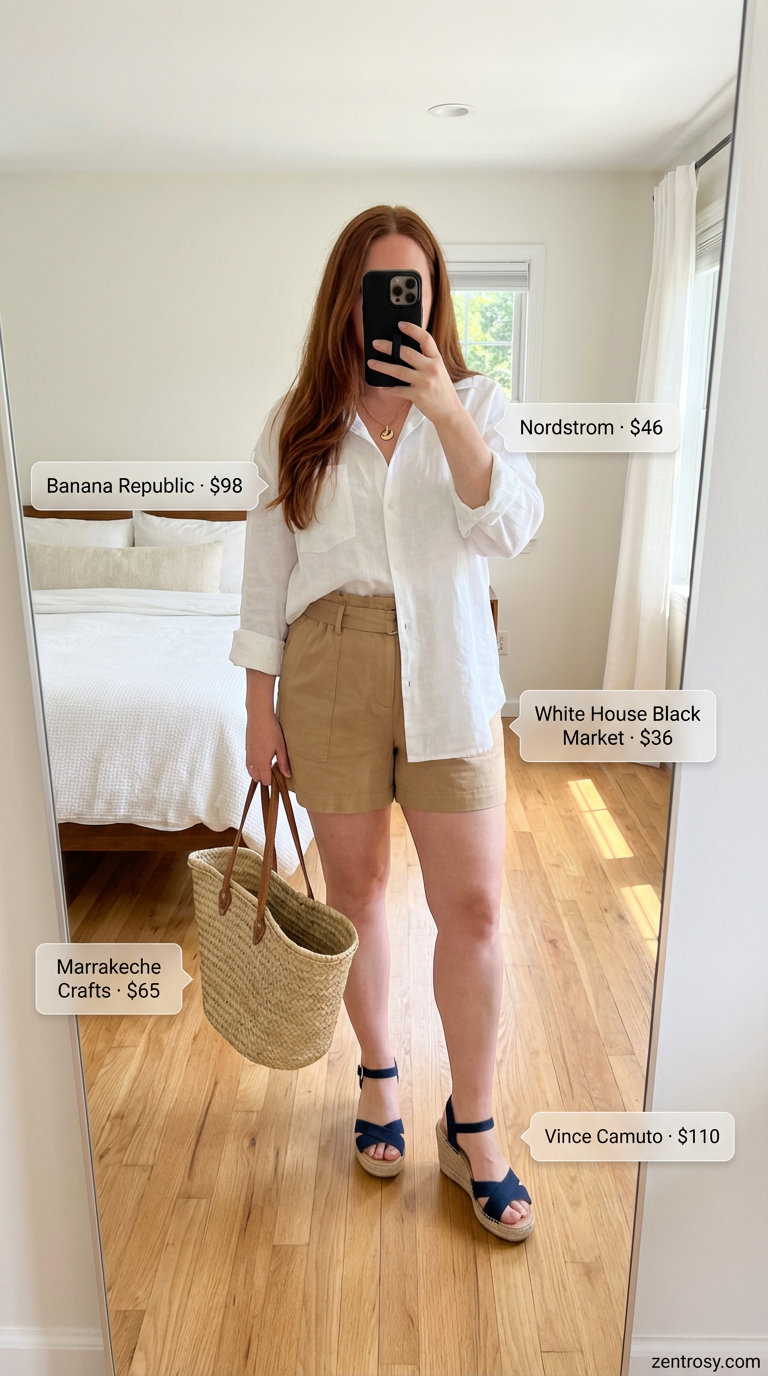 Chic white linen oversized button-down shirt worn with navy paperbag waist shorts, tan espadrille wedges, and a woven straw tote, perfect for midsize summer outfits for women. Ideal for vacation sightseeing.
