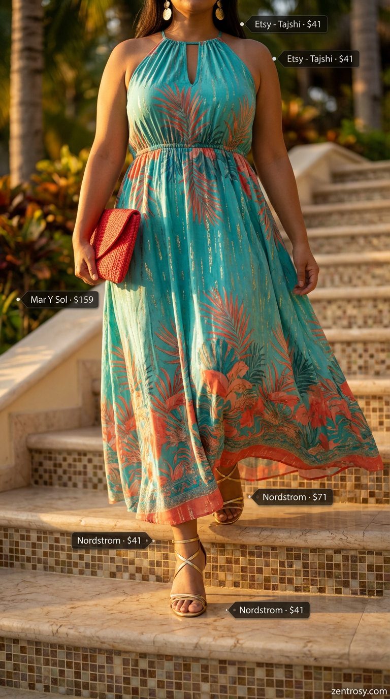 Glamorous turquoise tropical print maxi dress with a halter neckline, gold strappy sandals, and a coral woven clutch, a luxurious option for midsize summer outfits for women. Perfect for a resort dinner.