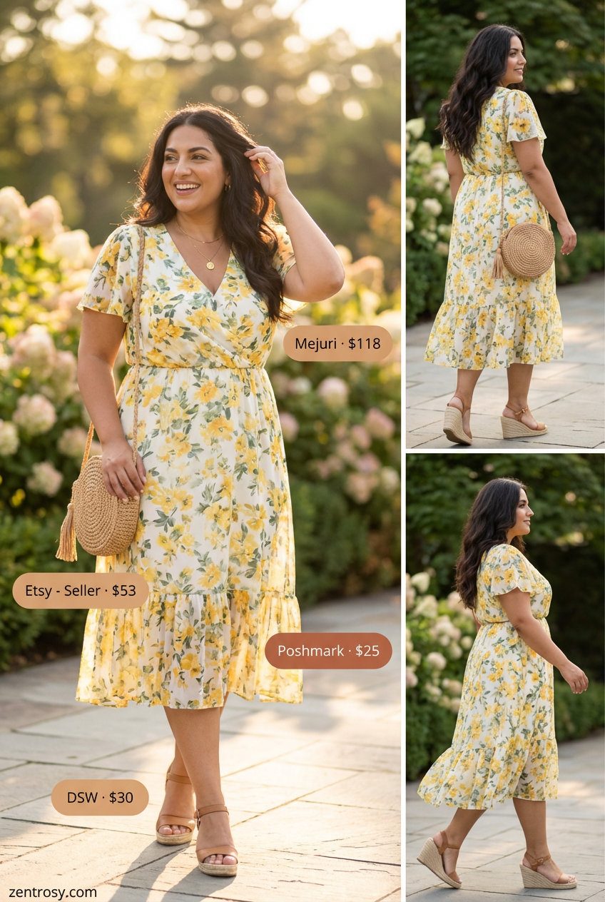 Joyful yellow floral midi dress with short puff sleeves, natural espadrille wedges, and a round straw bag, a charming option for midsize summer outfits for women. Perfect for a garden party.