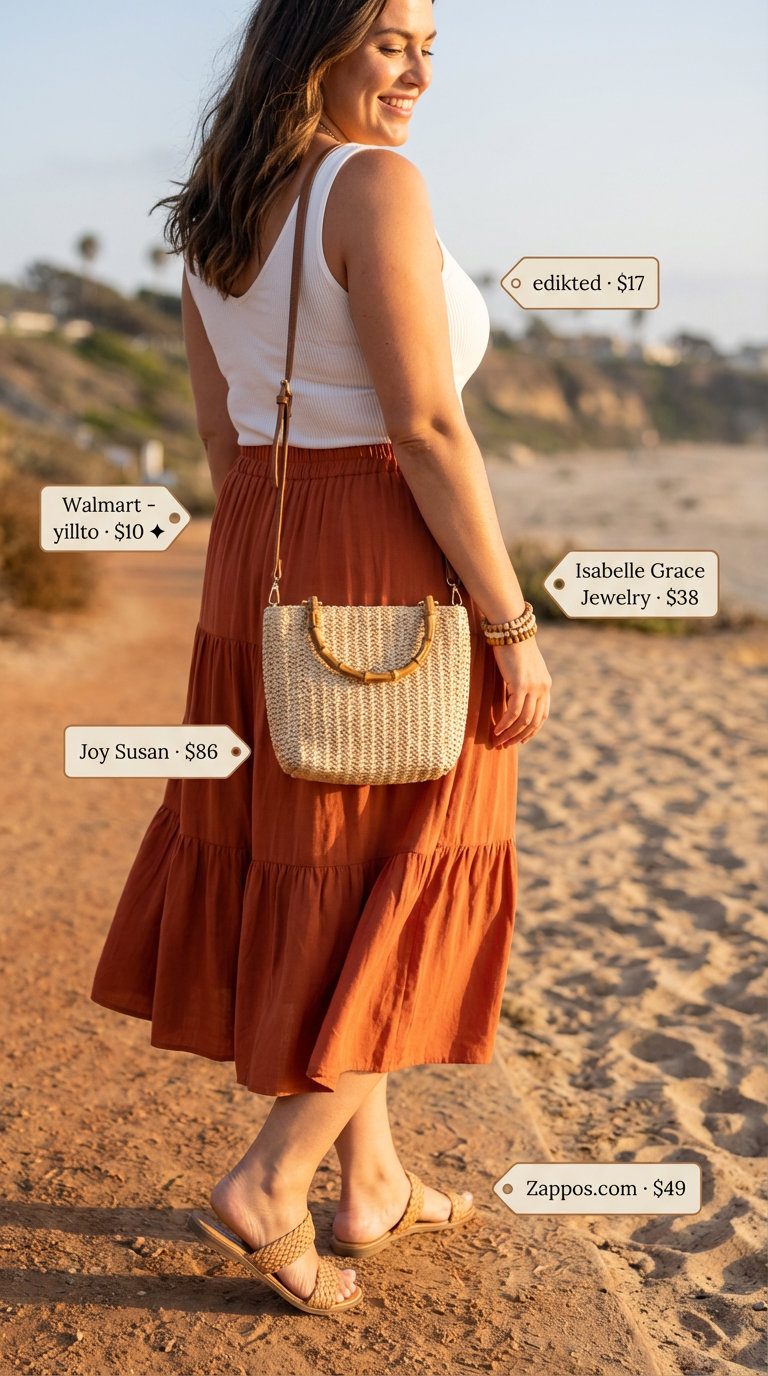 A bohemian midsize summer outfit for women 2026, featuring a terracotta tiered midi skirt, a cream ribbed tank top, raffia slide sandals, and a round straw crossbody bag, perfect for a beach day.