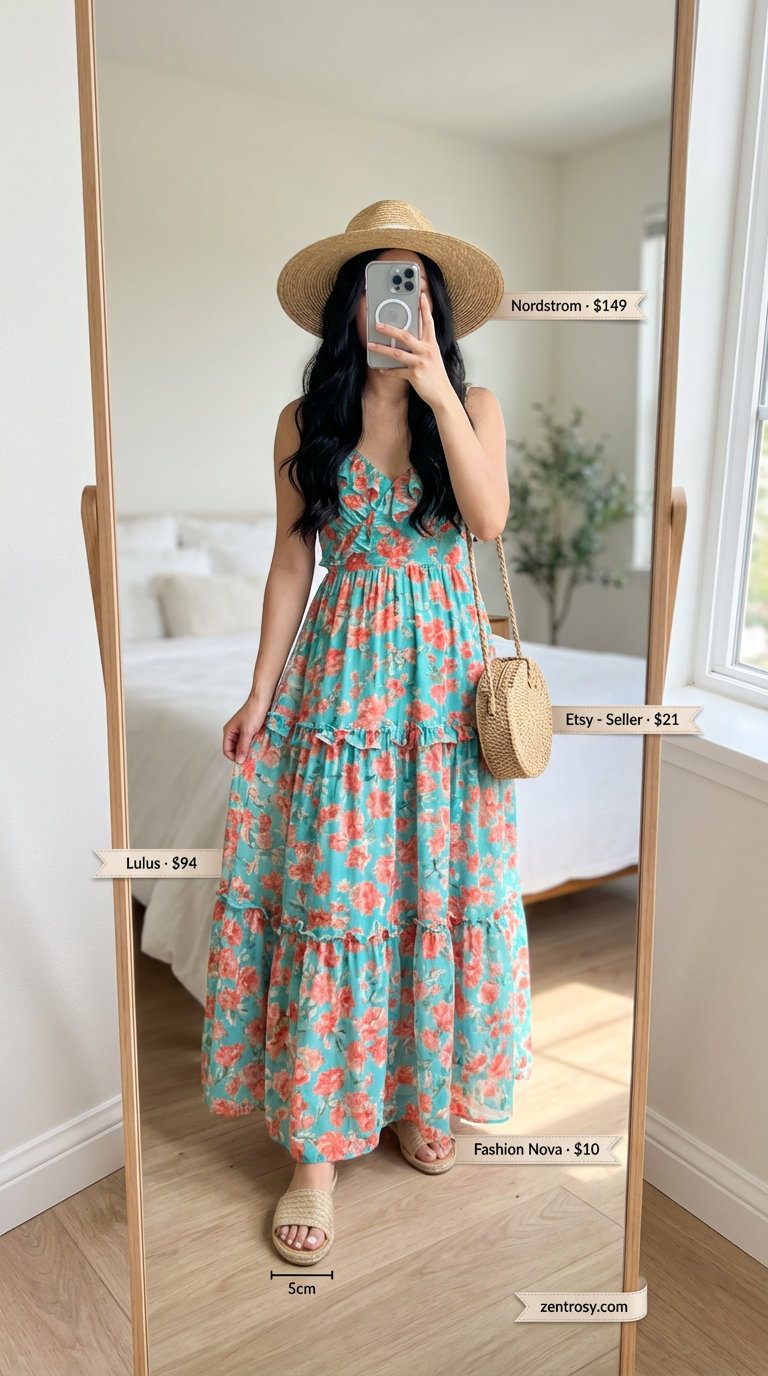 A relaxed bohemian midsize summer outfit for women 2026, featuring a turquoise floral maxi dress, straw slide sandals, a woven straw crossbody bag, and an oversized straw sun hat, for a beach or resort day.