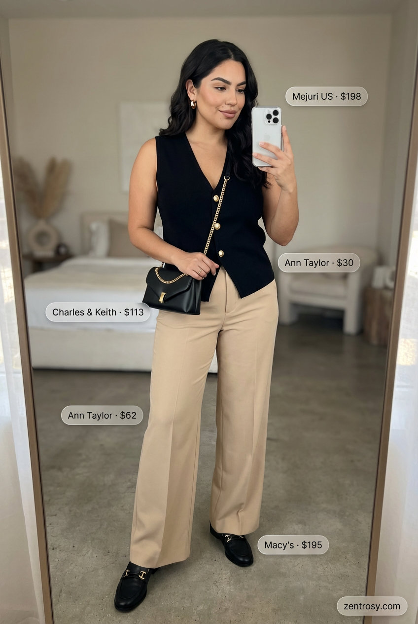 A modern midsize summer outfit for women 2026, showcasing beige tailored wide-leg pants, a black sleeveless knit vest, black leather loafers, a structured shoulder bag, and gold hoop earrings, ideal for city strolls.