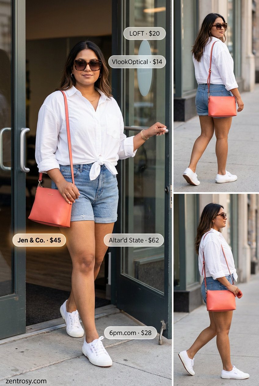 A midsize woman in a casual midsize summer outfit for women 2026, featuring light wash denim shorts, a white oversized button-down, coral crossbody bag, white sneakers, and oversized sunglasses.