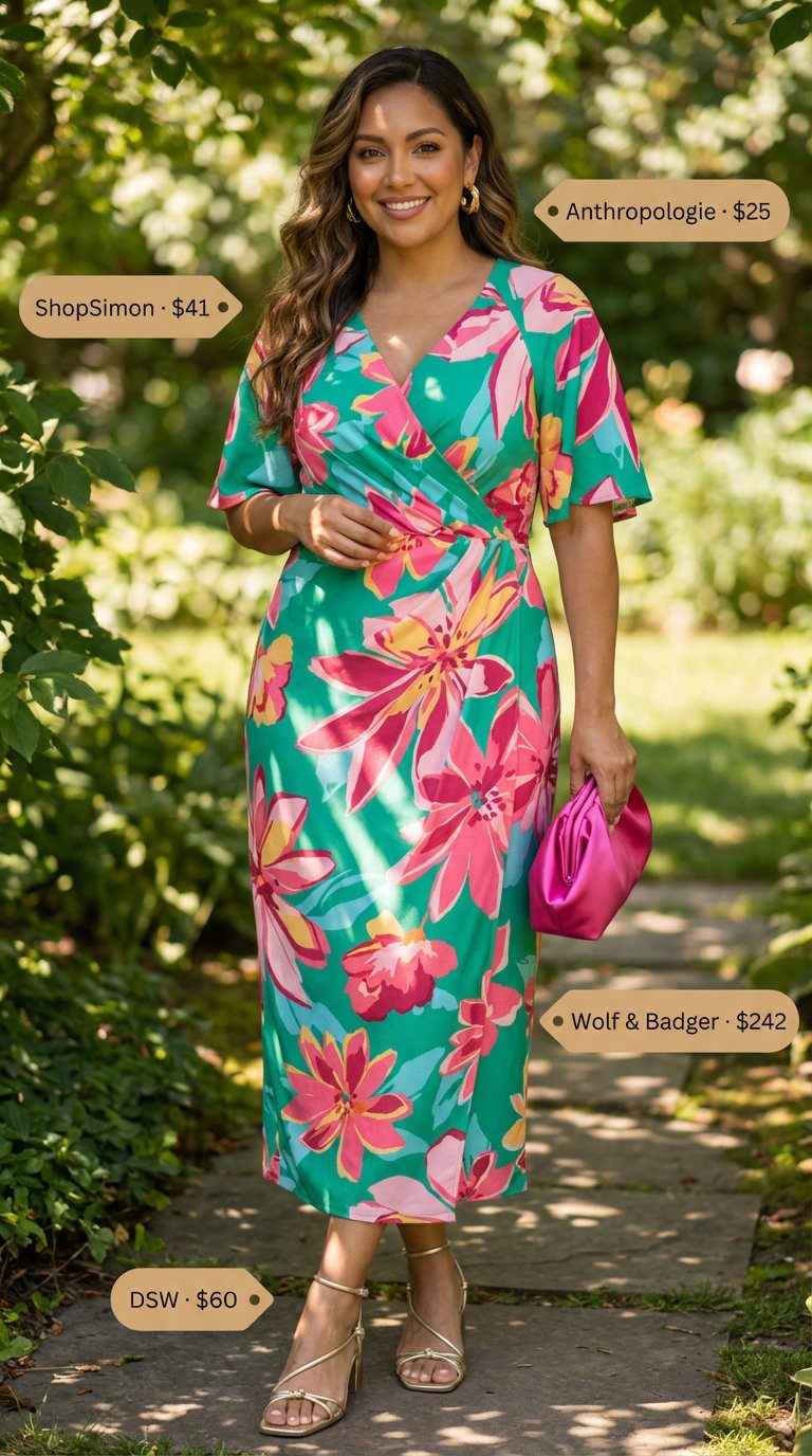 Midsize summer outfits for women 2026: Vibrant emerald green floral print midi wrap dress with fuchsia clutch, gold heels, and hoop earrings for a garden party.