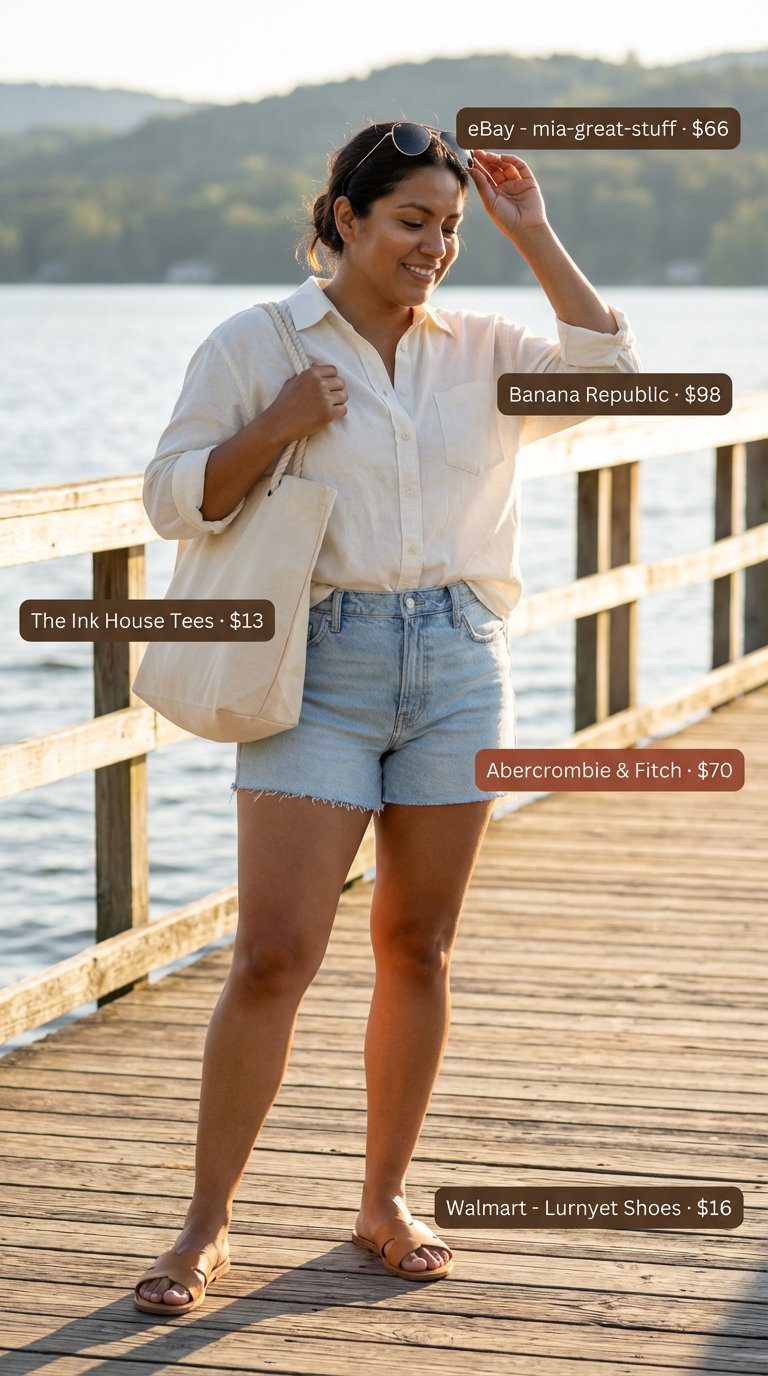 Midsize summer outfits for women 2026: Relaxed lakeside escape featuring white linen button-down, denim shorts, tan sandals, and canvas tote for weekend casual.